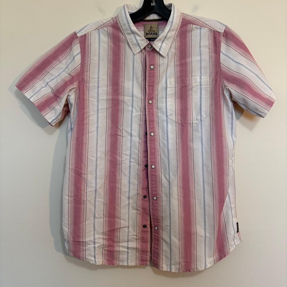prAna Breathe Mens Large Short Sleeve Button Up Pink White Stripe Shirt